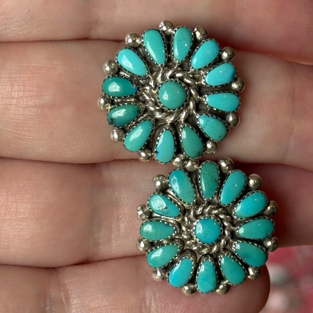 Vintage Alice Quam Sterling & Turquoise Cluster Earrings - Picture 4 of 5
